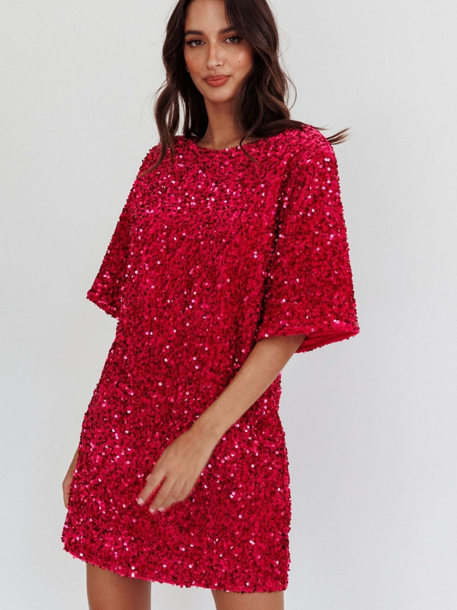 Crew Neck Sequins European And American Style Short Sleeve Loose Bandage Parties Christmas Short Dress