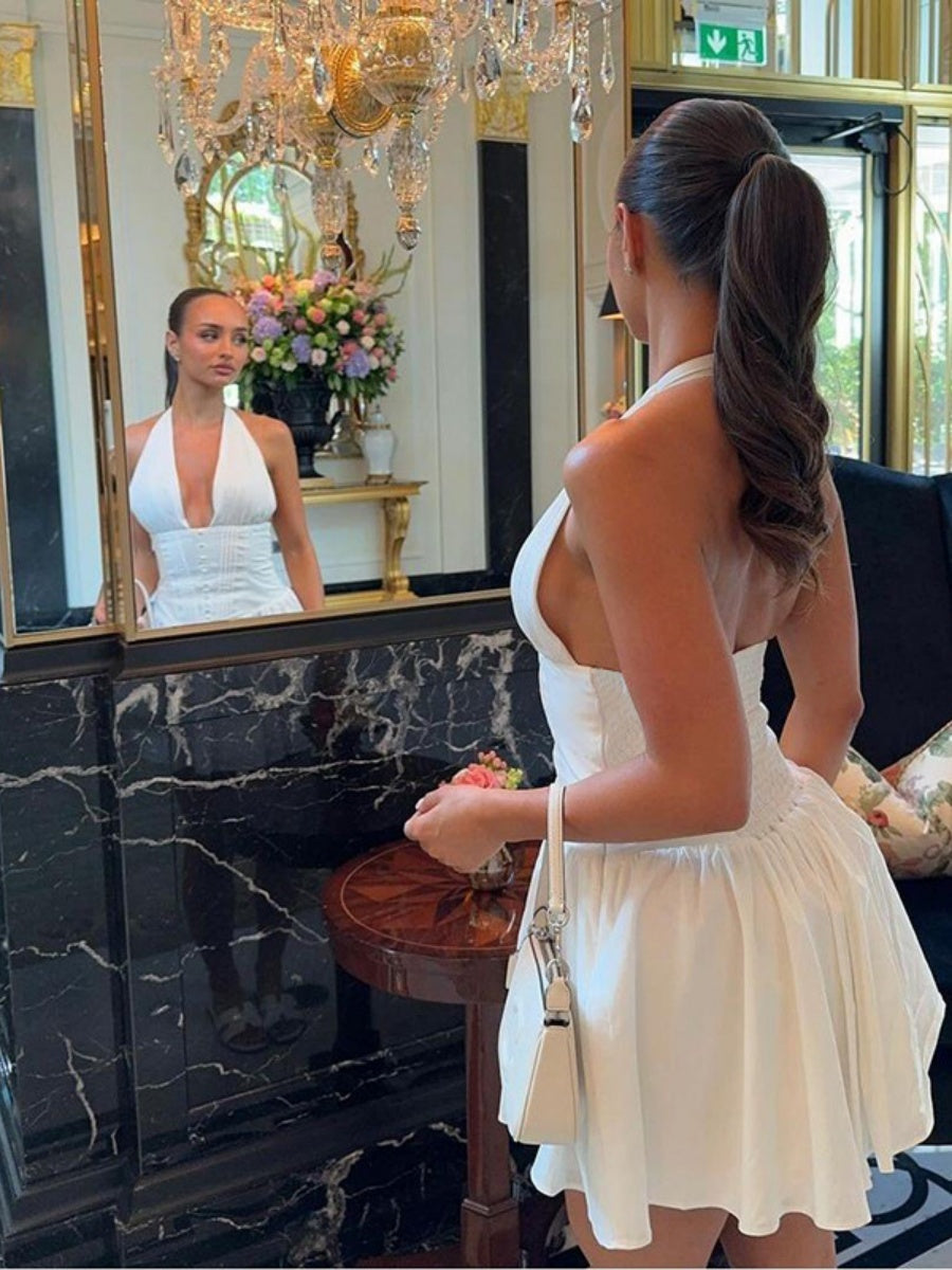 Liber Spring Women's Backless Solid Color Mini Dresses