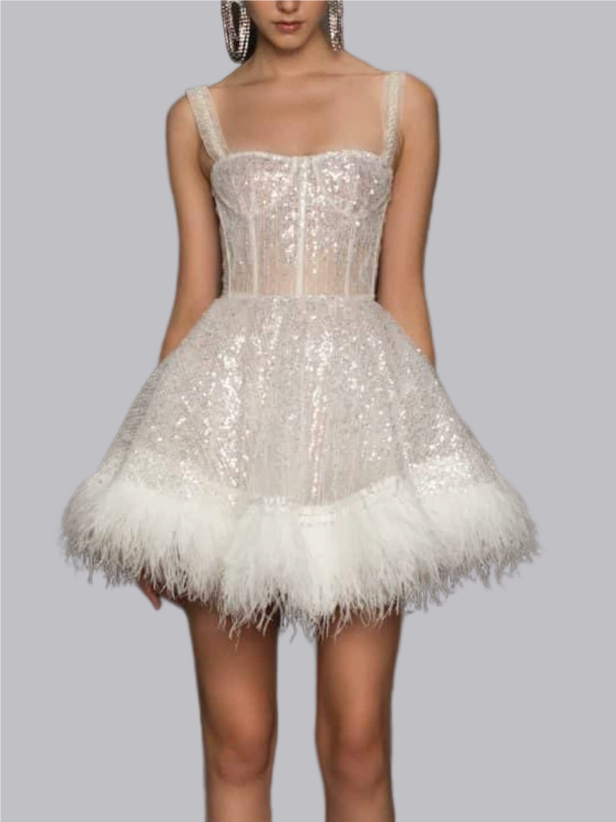 Feather Sequins Mesh Parties Mini&Short Dresses