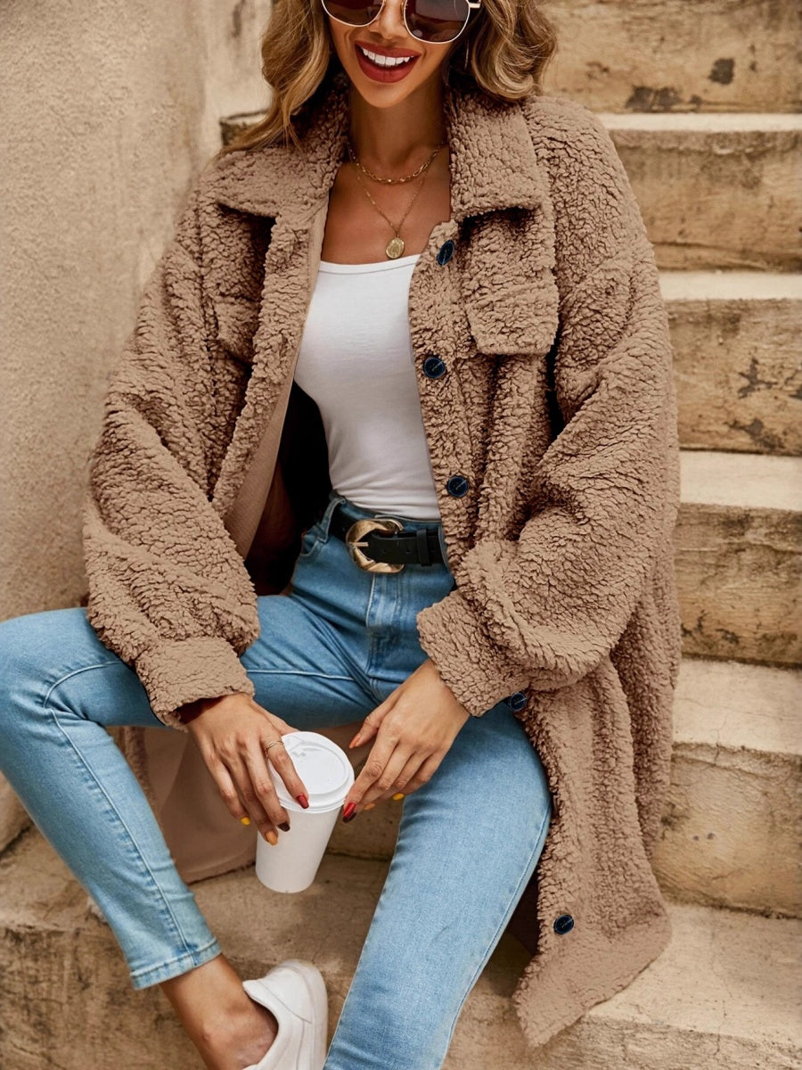 Open Buckle Lapel Pocket Plush Loose Coats