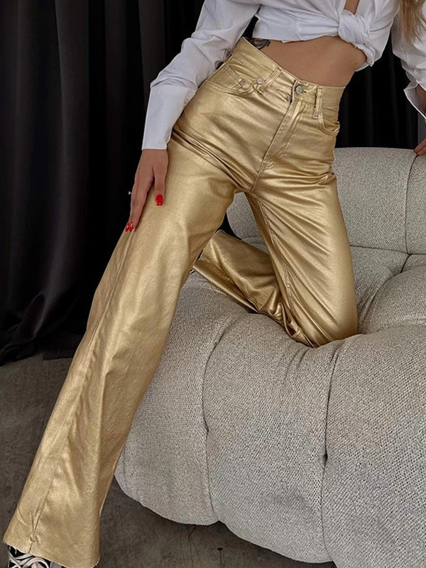 Pocketed, Loose-fitting, Wide-leg, Retro Straight-leg Style In Gold And Silver. Pants