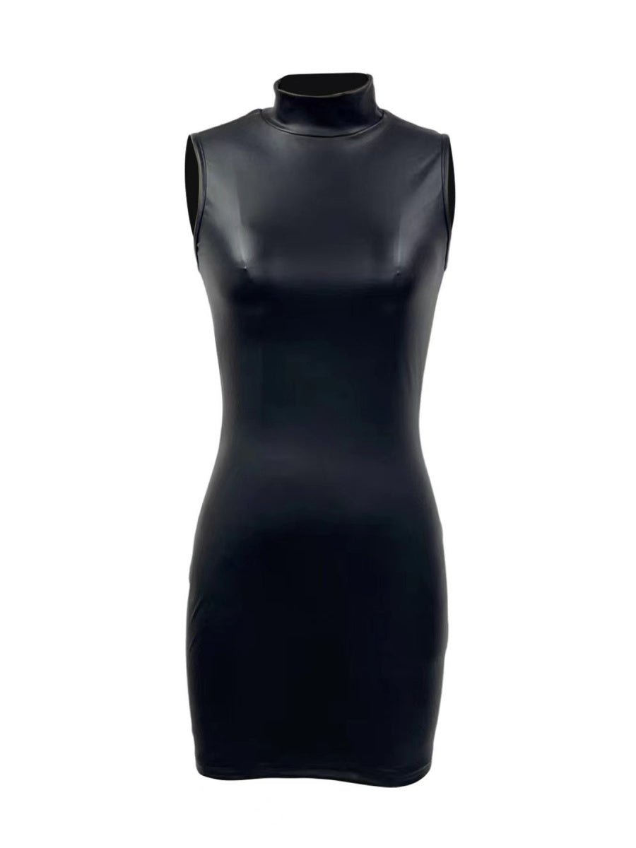 PU Leather Sleeveless Small Stand-up Collar Tight Fit Mini&Short Dresses