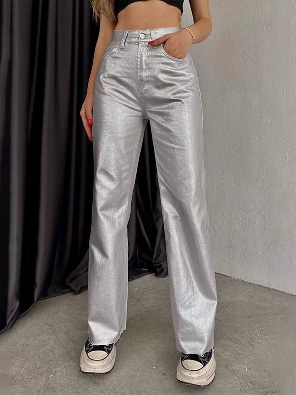 Pocketed, Loose-fitting, Wide-leg, Retro Straight-leg Style In Gold And Silver. Pants