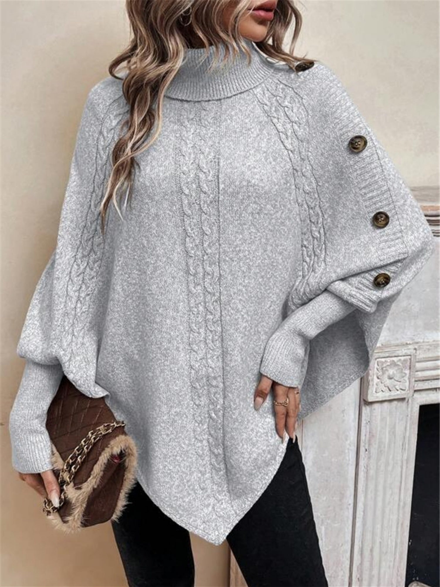 Turtleneck Buttons Batwing Shirt Cable Knit Sweater