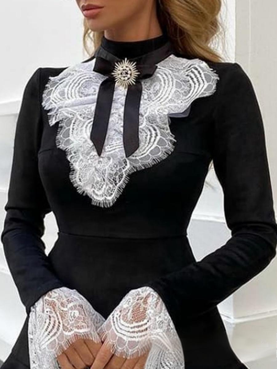 Velvet Black Lace Stitching Waist Mini&Short Dresses