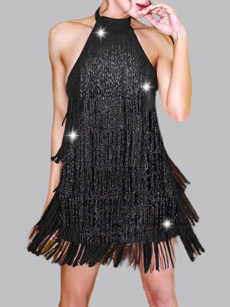 Black Tassel Flash Halter Sleeveless Mini&Short Dresses