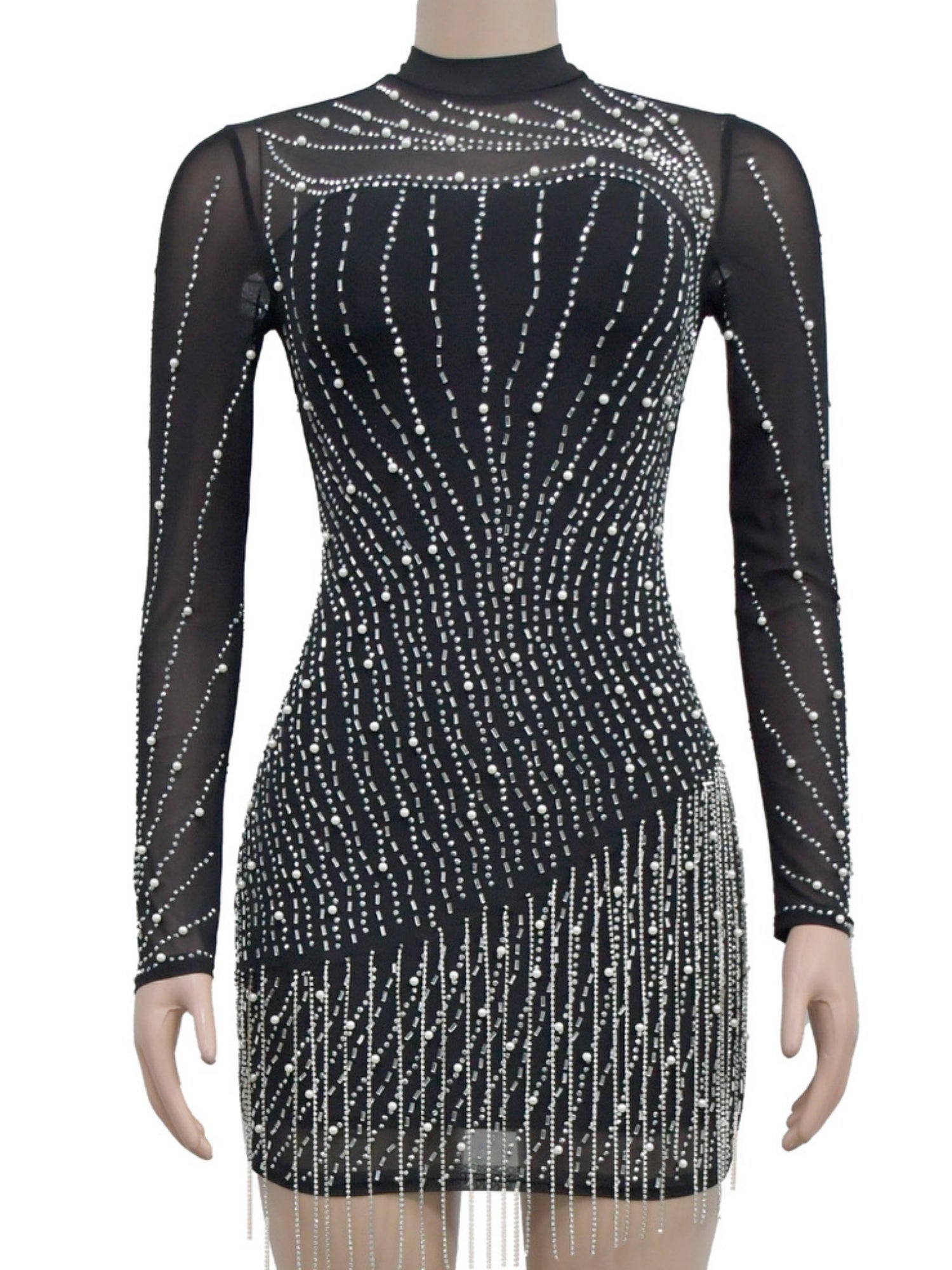 Long-sleeved Mesh Hot-fix Rhinestones And Bubbles Perspective Party The Gala Was Dazzling. Mini&Short Dresses