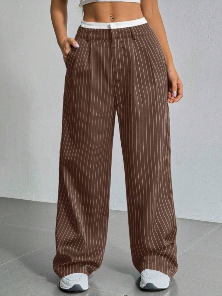 High Waist Color Matching Simplicity Drape Stripes Straight Wide Leg Pants