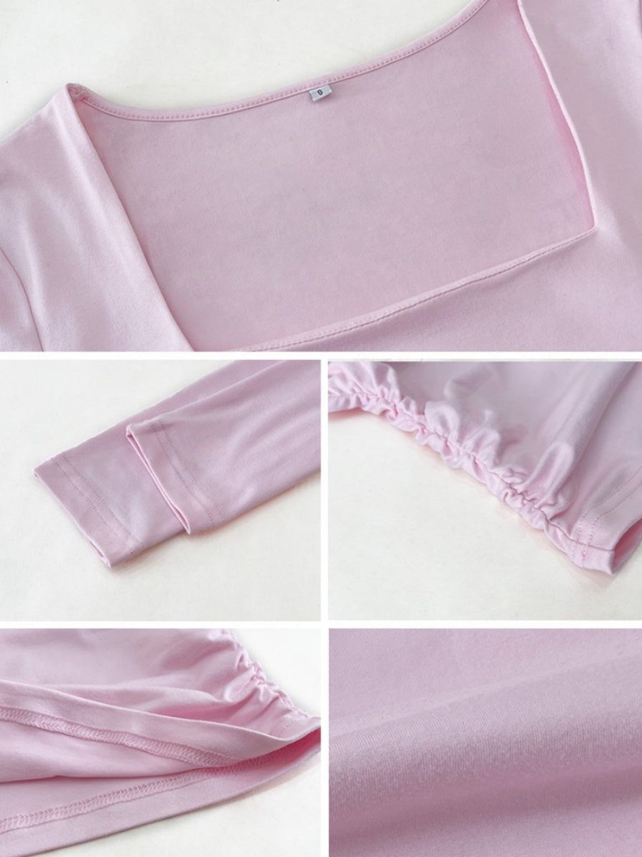 Simplicity Solid Color Square Collar Long Sleeve T-shirts