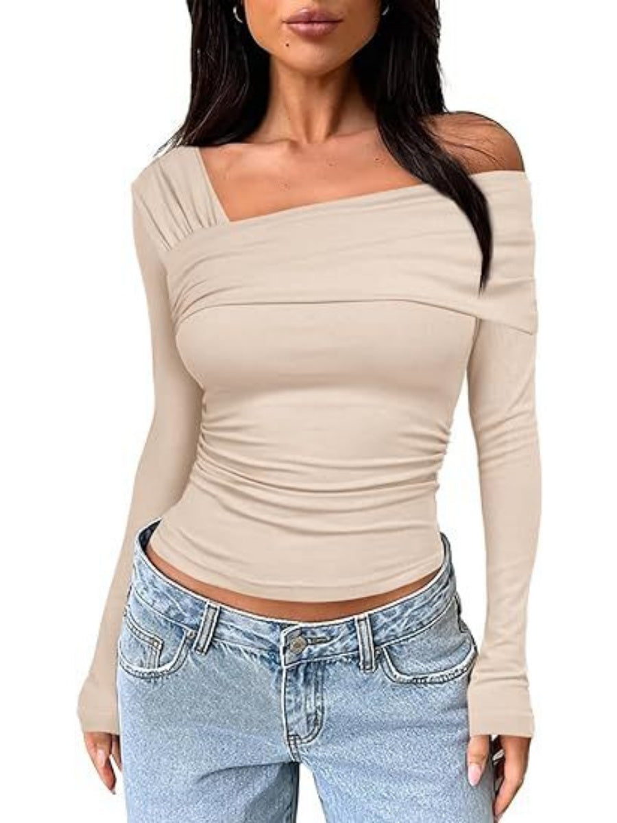 One Shoulder Long Sleeve Pleats Slim Fit T-shirts