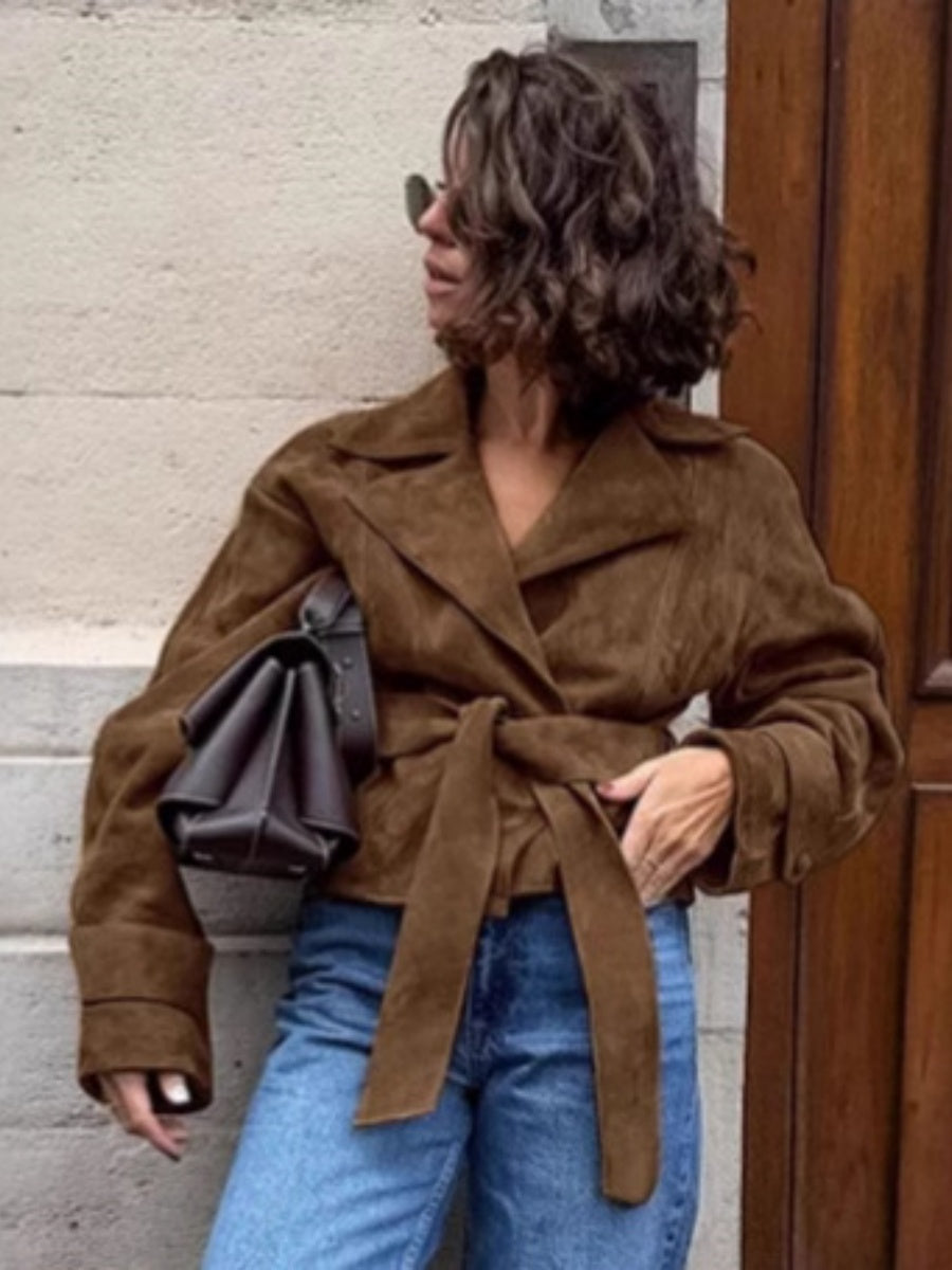 Short Suede Lapel Lace-up Coat