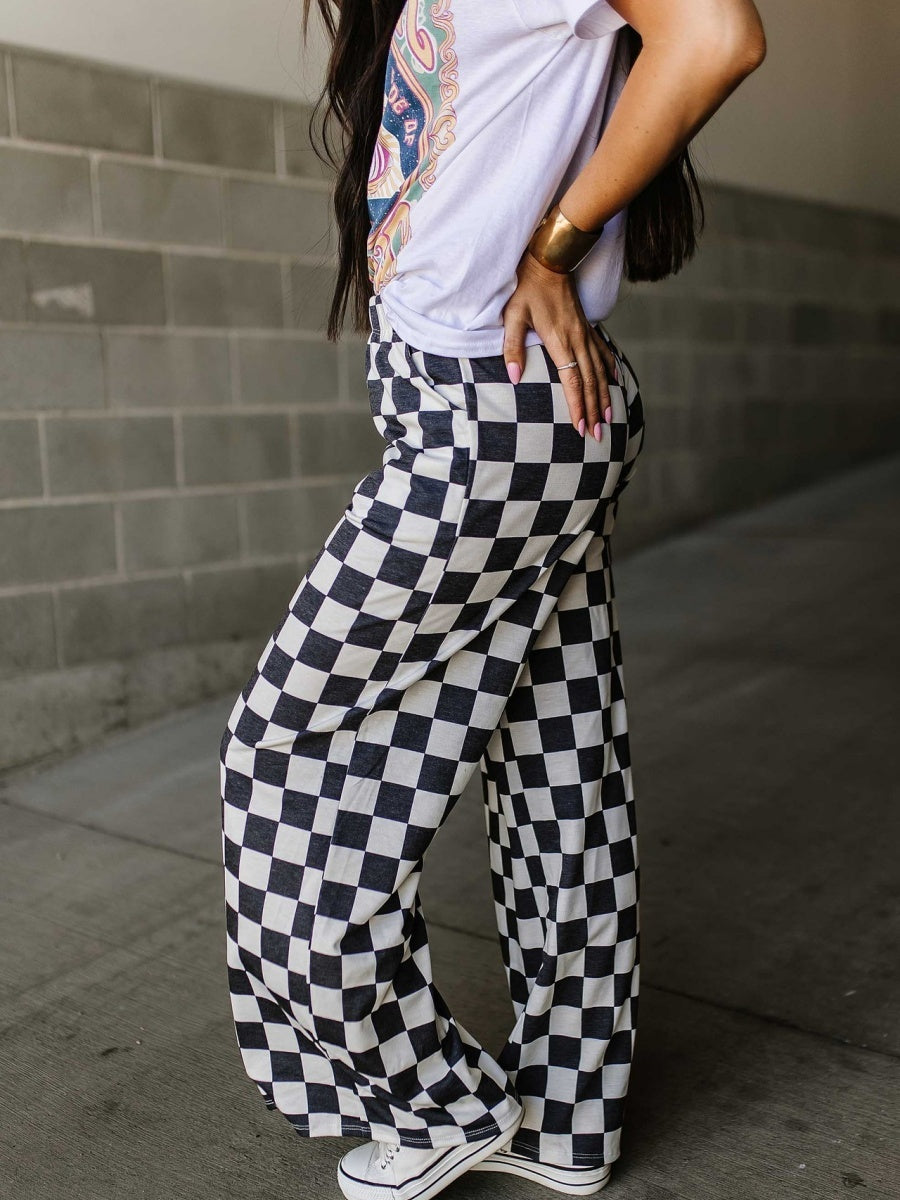 Straight-sided Checkerboard Pattern Printed Leisure High Waist Wide-leg Trousers