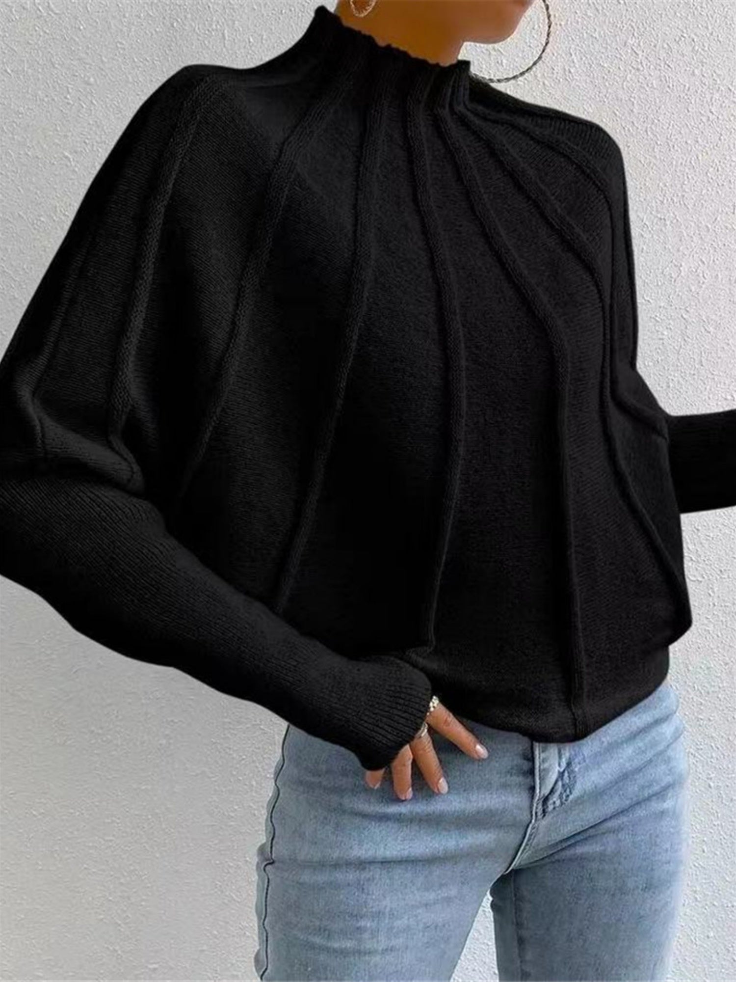 Crochet Mock Neck Batwing Sleeves Knitted Sweater