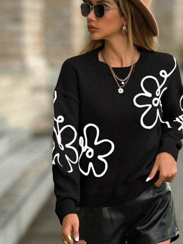 3D Effect Flower pattern Crew Neck Sweaters