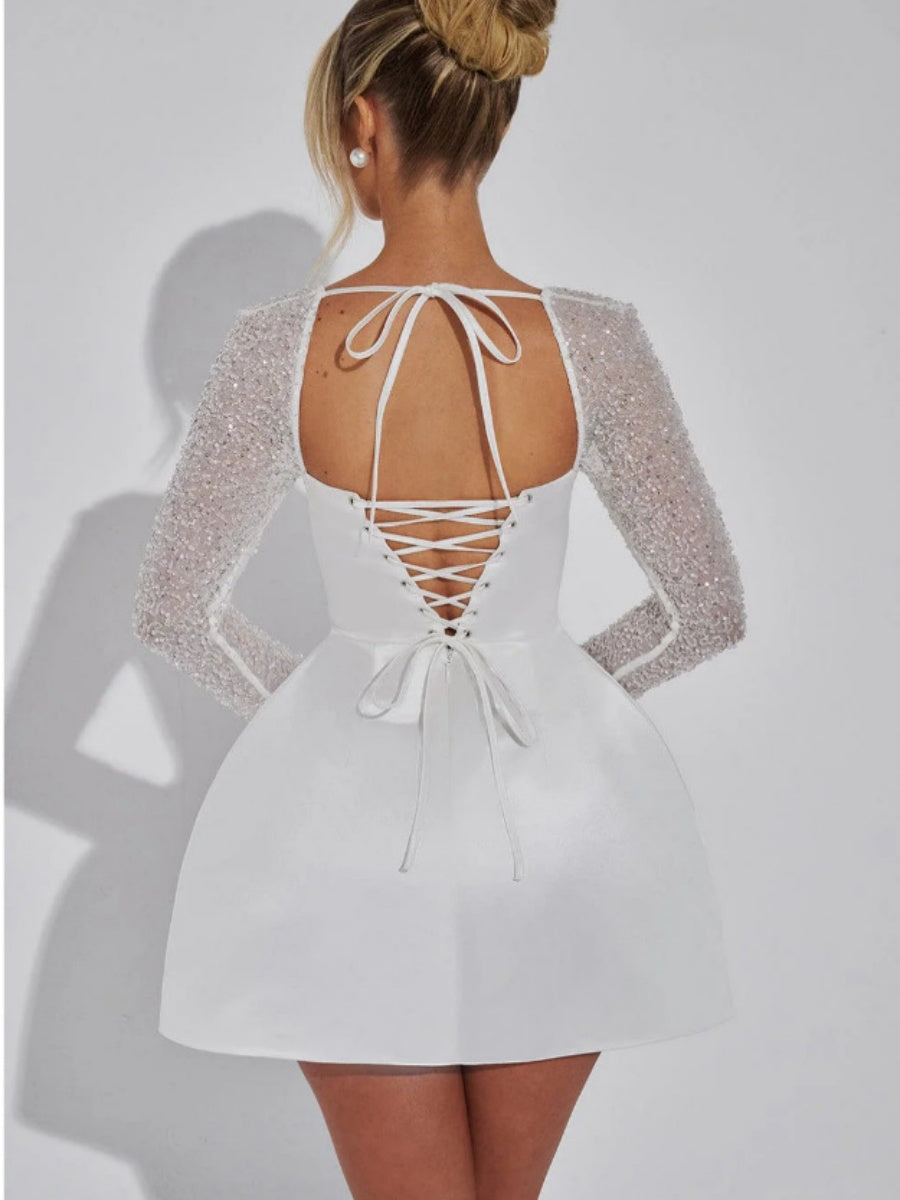 Square Neck Lace Low-cut Splicing A-pendulum Long Sleeve Bandage Short Dress For Cocktail Party