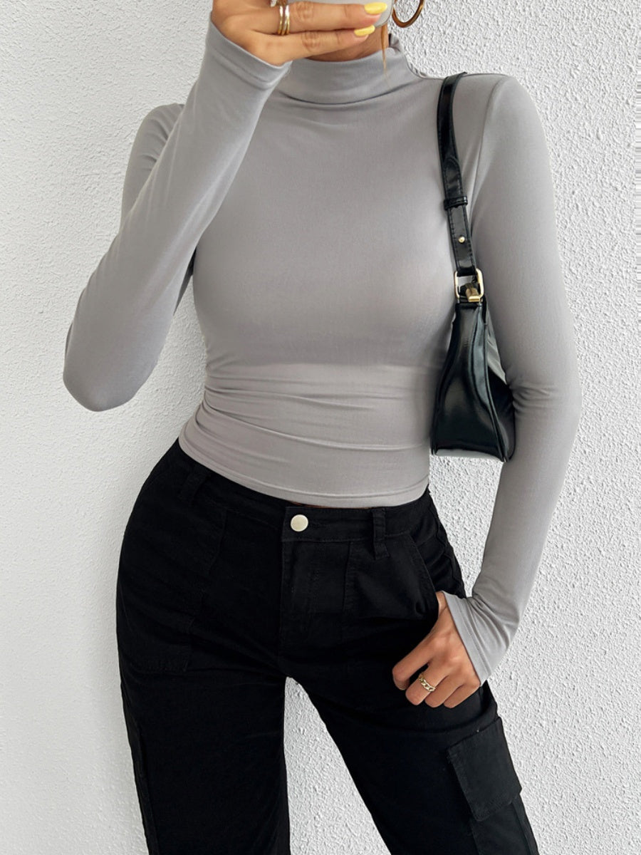 Simplicity Navel Solid Color Turtleneck Long Sleeve T-shirts