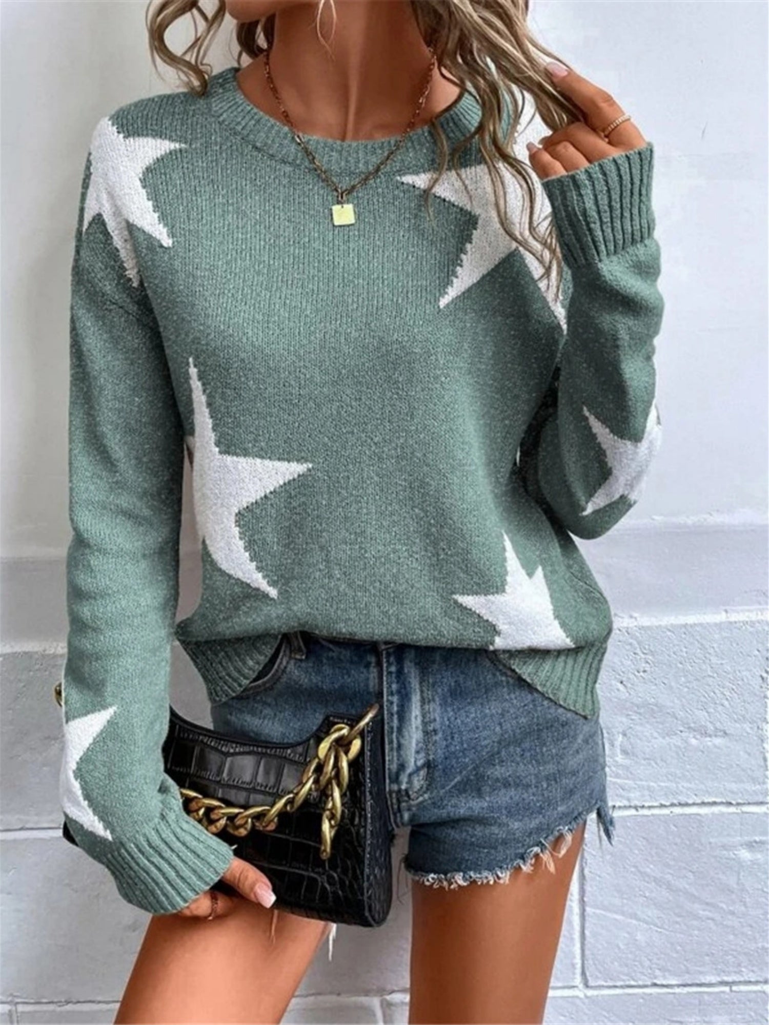 Crew Neck Star Pattern Contrasting Colors Knitted Long-sleeved Sweater