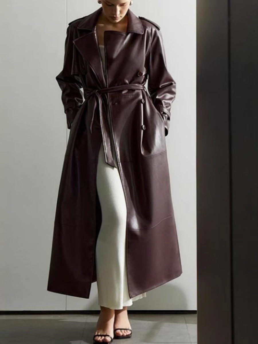 Claret Waist Lace Up Long Leather Jacket