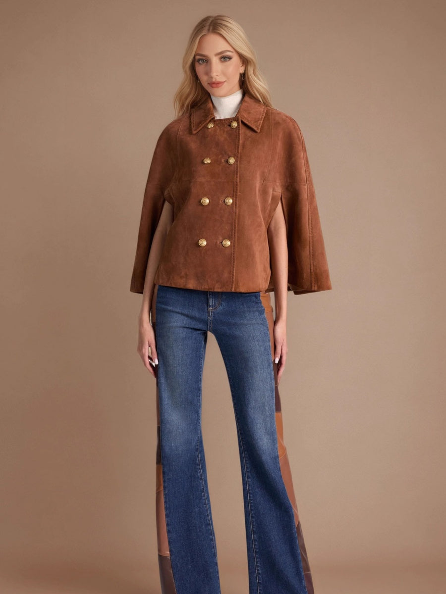 Retro Jacket Double-breasted Cape Brown Suede Turtleneck Coat