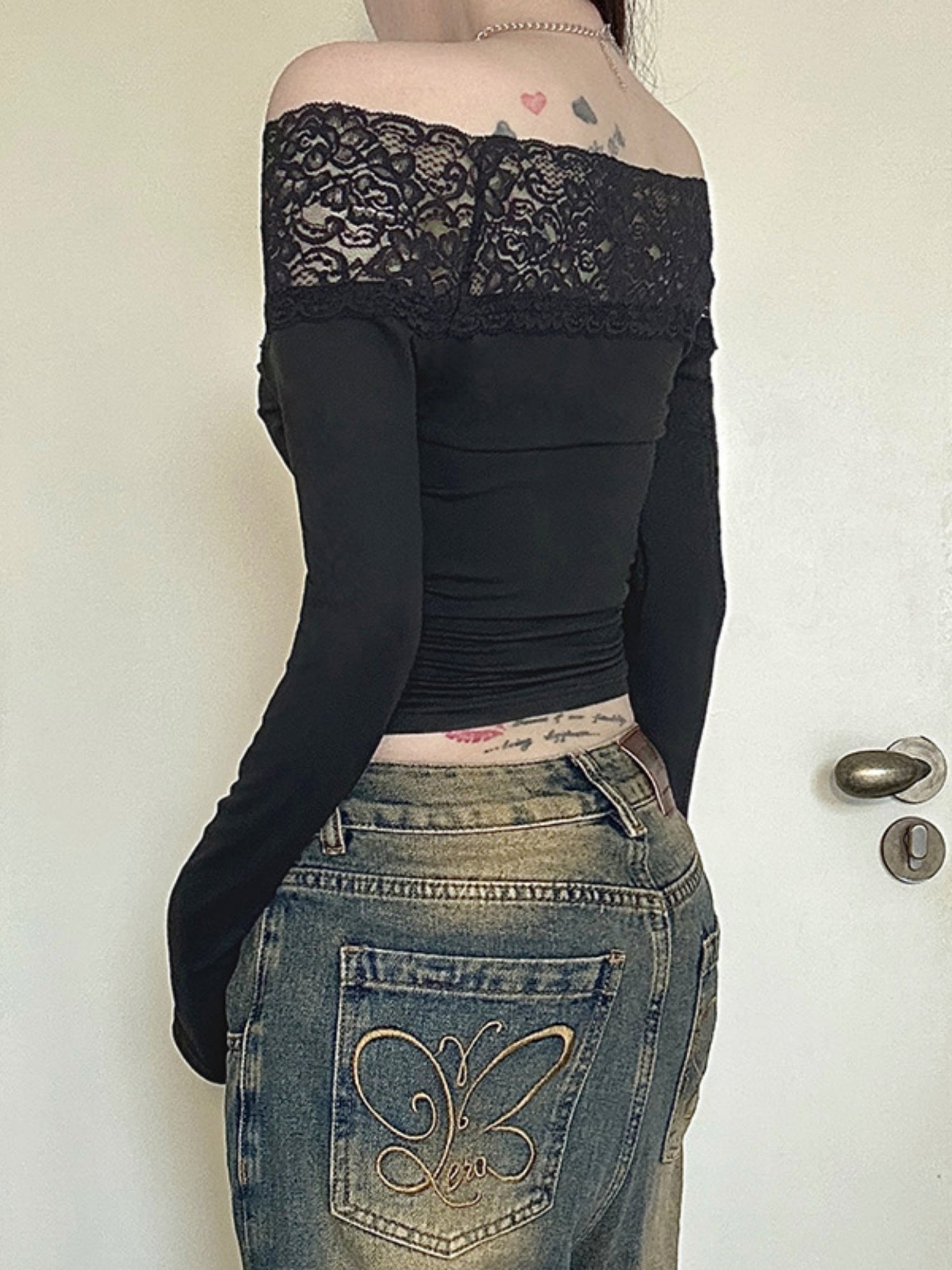 Retro Prints Color-blocked Sexy And Slim Lace Patchwork Off-shoulder Long-sleeved T-shirt