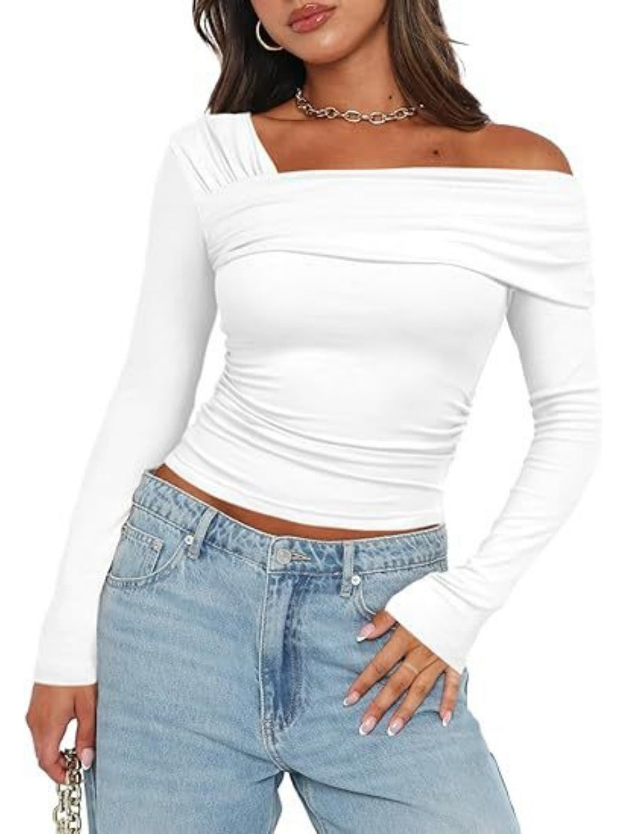 One Shoulder Long Sleeve Pleats Slim Fit T-shirts