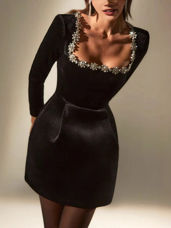 Square Collar Long Sleeve Diamond Velvet Mini&Short Dresses