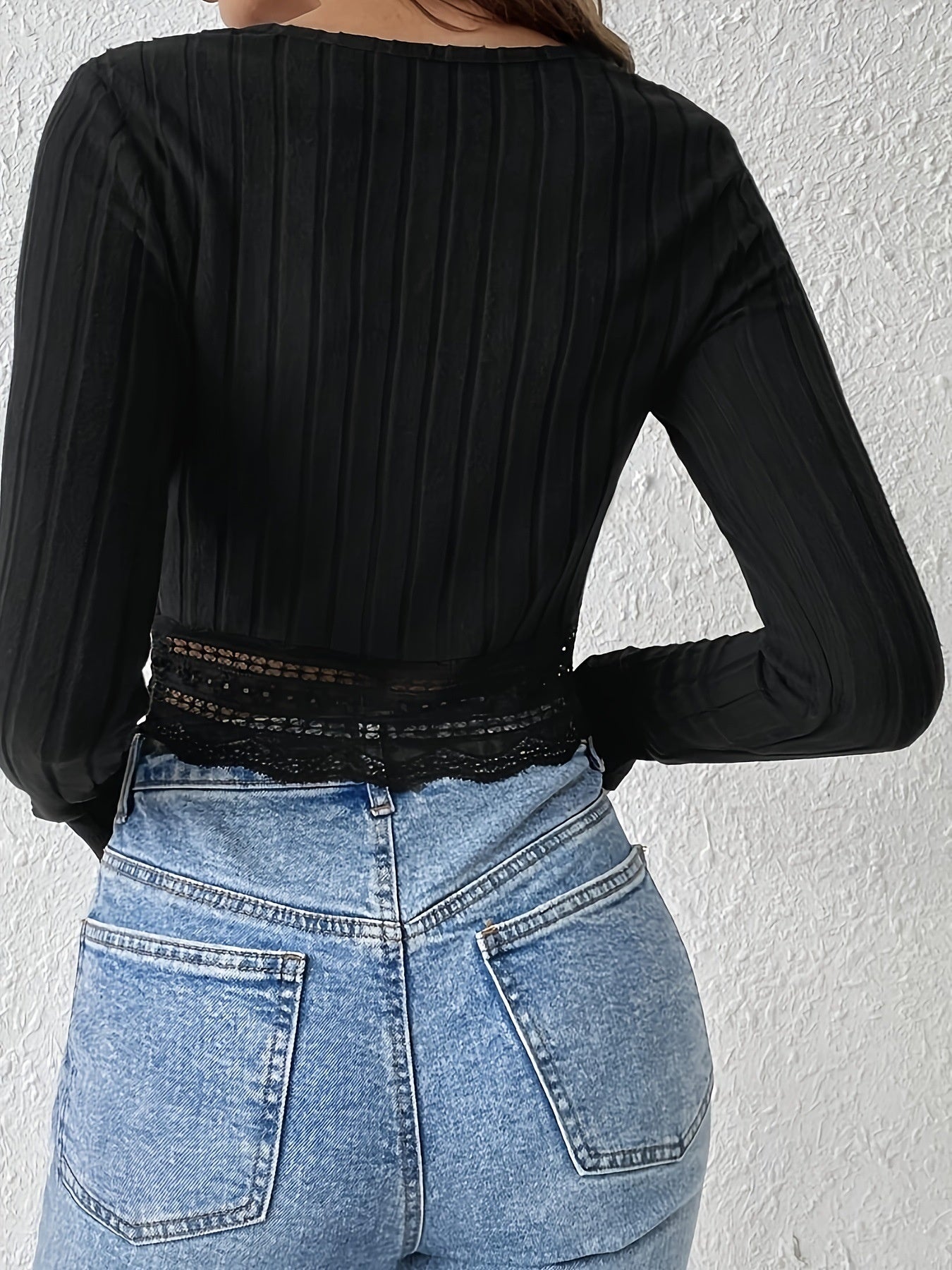 Lace Stitching Solid Color Crew Neck Long Sleeve Pit Strip T-shirts