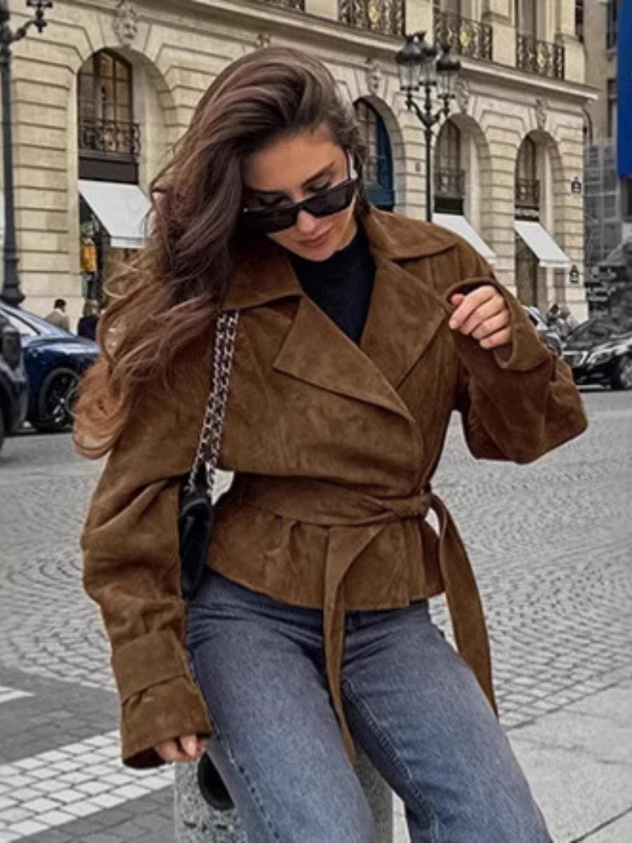 Short Suede Lapel Lace-up Coat