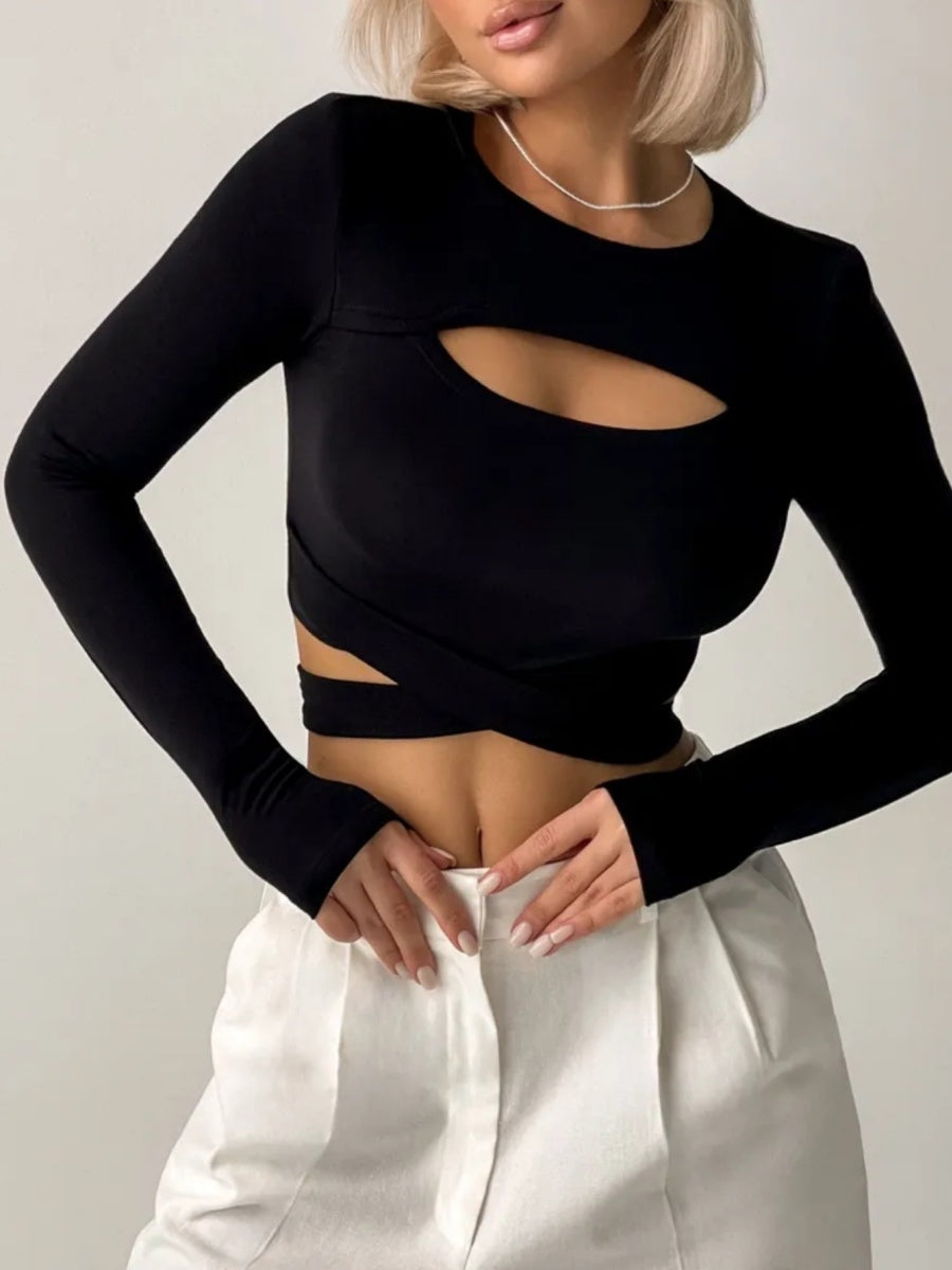 Short And Slim Fit Navel Short Jacket Hollow Bandage Long-sleeved T-shirt