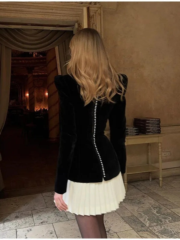 Zipper Long-sleeved Color-blocked Pleated Hem Mini&Short Dresses