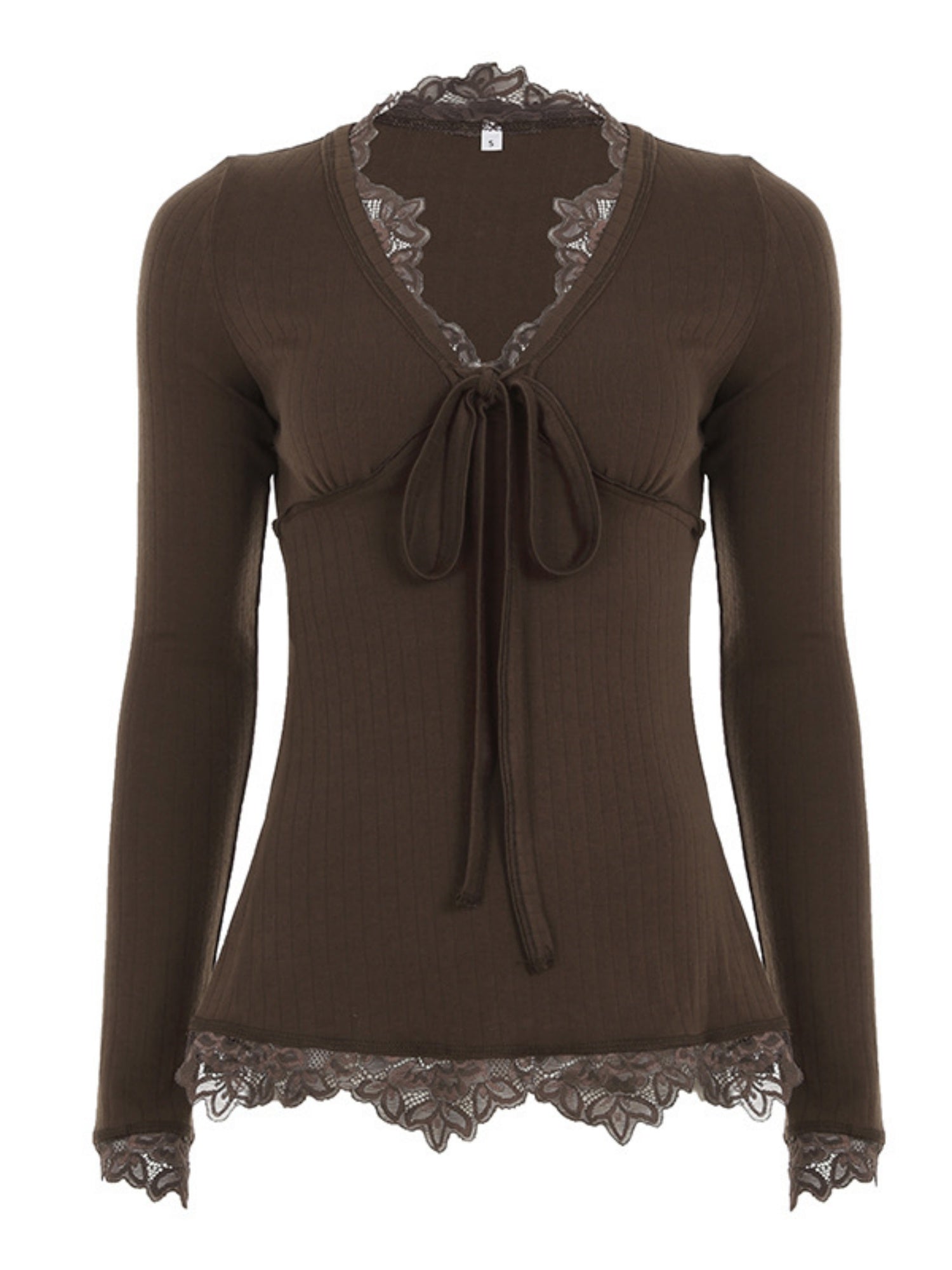 Lace Trim Deep V-neck Straps Long-sleeved T-shirt