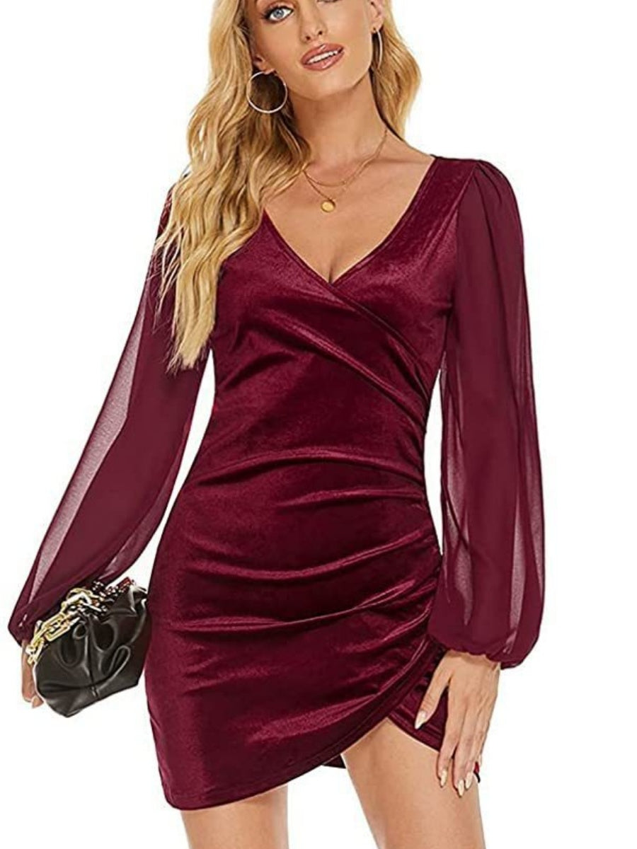 Spliced Korean Velvet V-neck Short Bodycon Dress