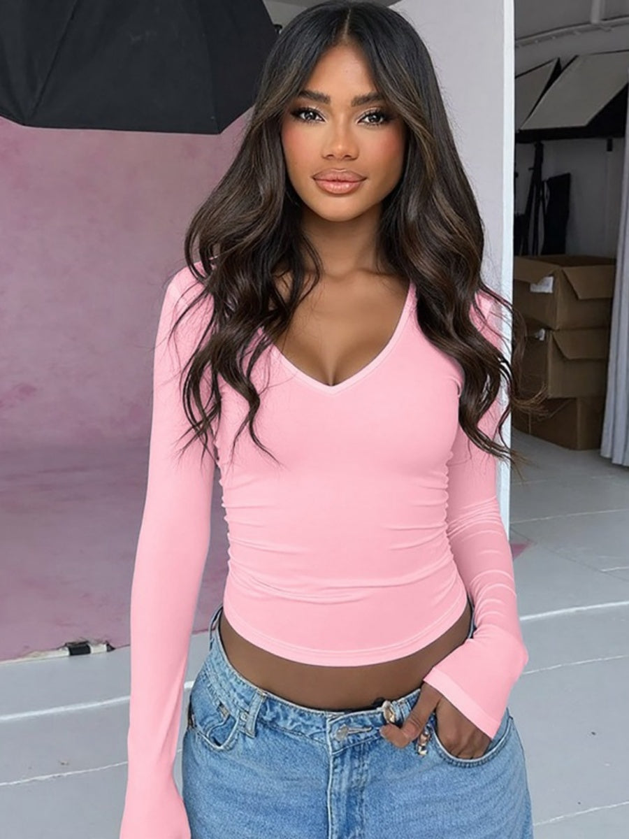 Pullover V-neck Tight Fit Long Sleeve Bare Waist Leisure Workplace T-shirts