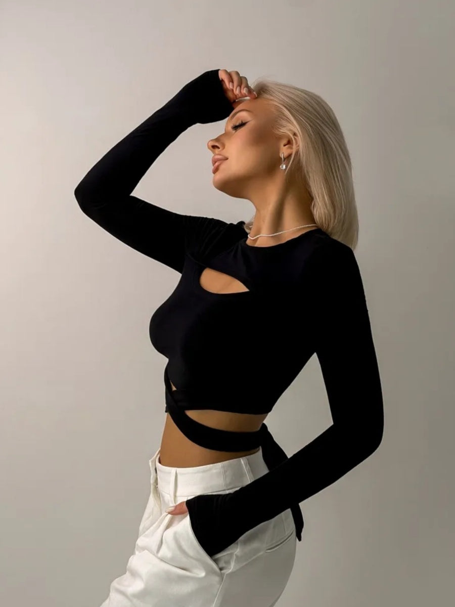 Short And Slim Fit Navel Short Jacket Hollow Bandage Long-sleeved T-shirt