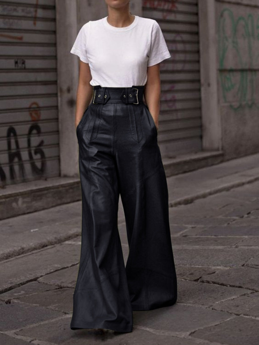 PU Straight-leg Leather Patchwork Trousers