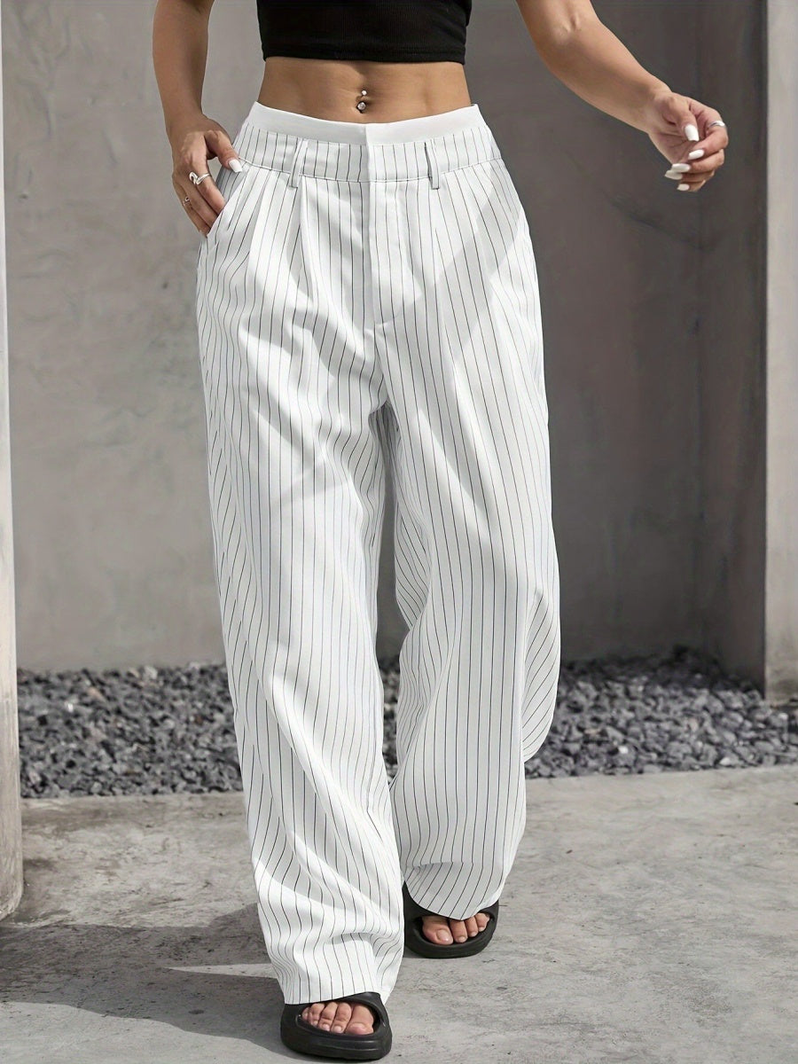 High Waist Color Matching Simplicity Drape Stripes Straight Wide Leg Pants