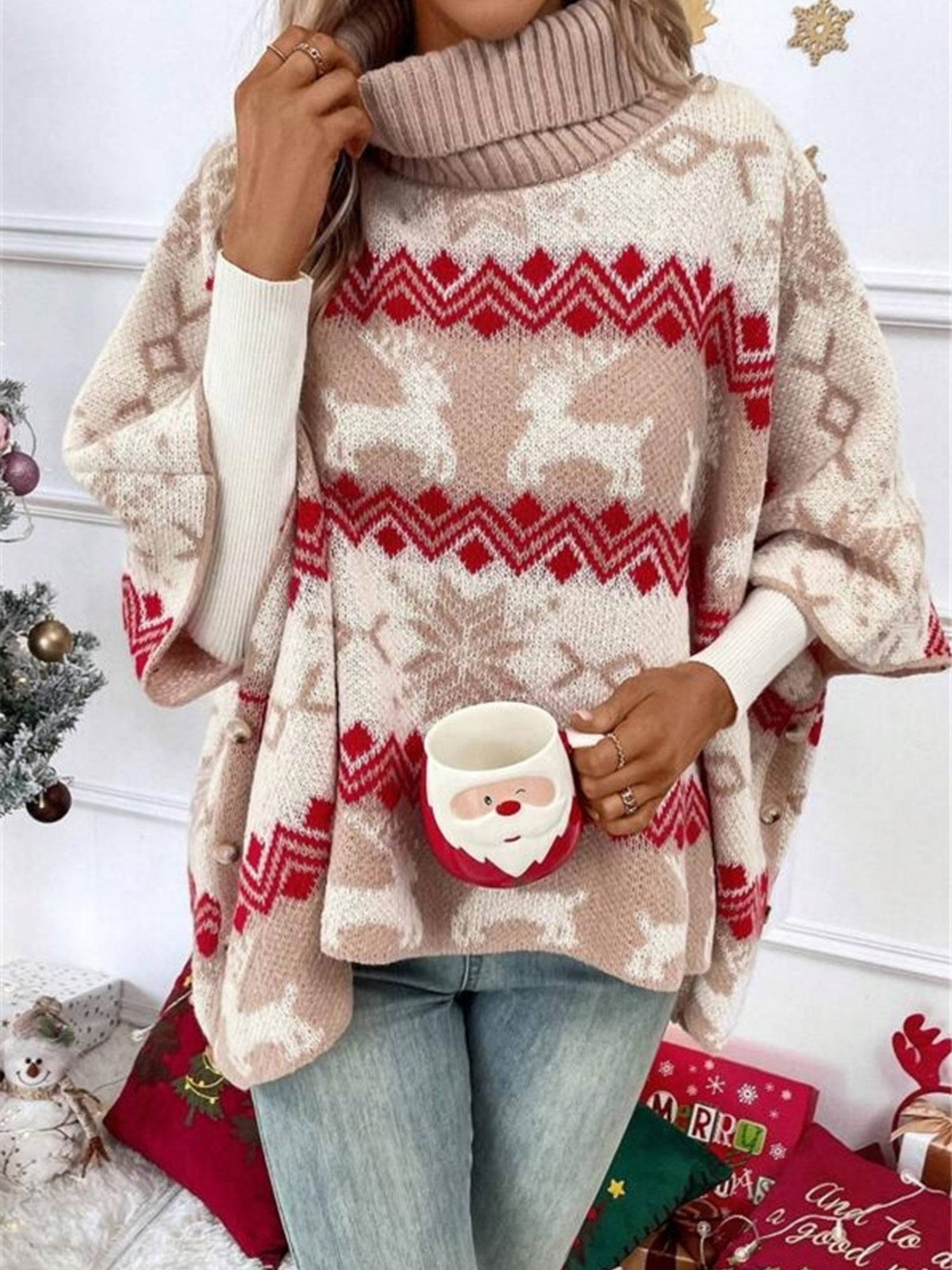 Christmas Elk Contrasting Colors Batwing Sleeve Sweater