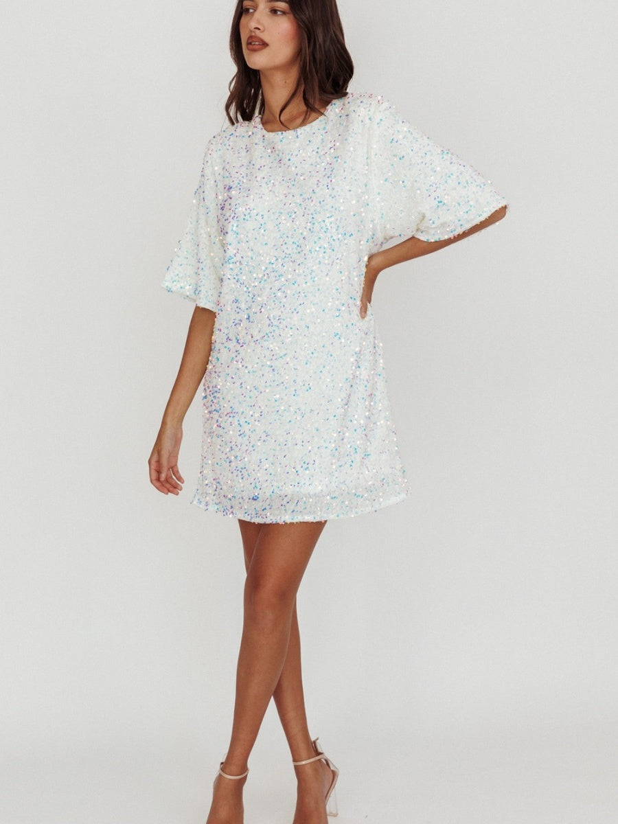 Crew Neck Sequins European And American Style Short Sleeve Loose Bandage Parties Christmas Short Dress