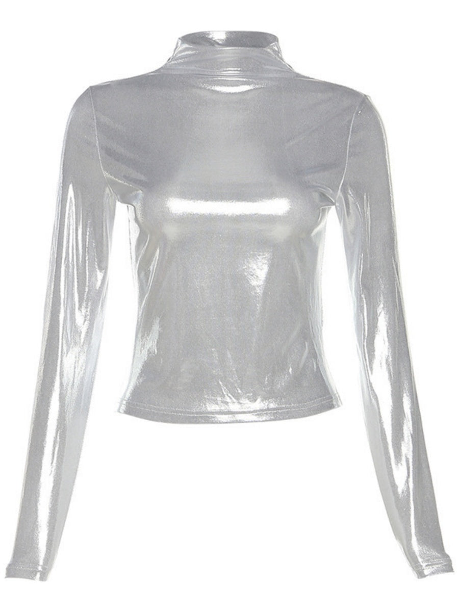 Half Turtleneck Patent Leather Metallic Color Long Sleeve Tight Fit T-shirts