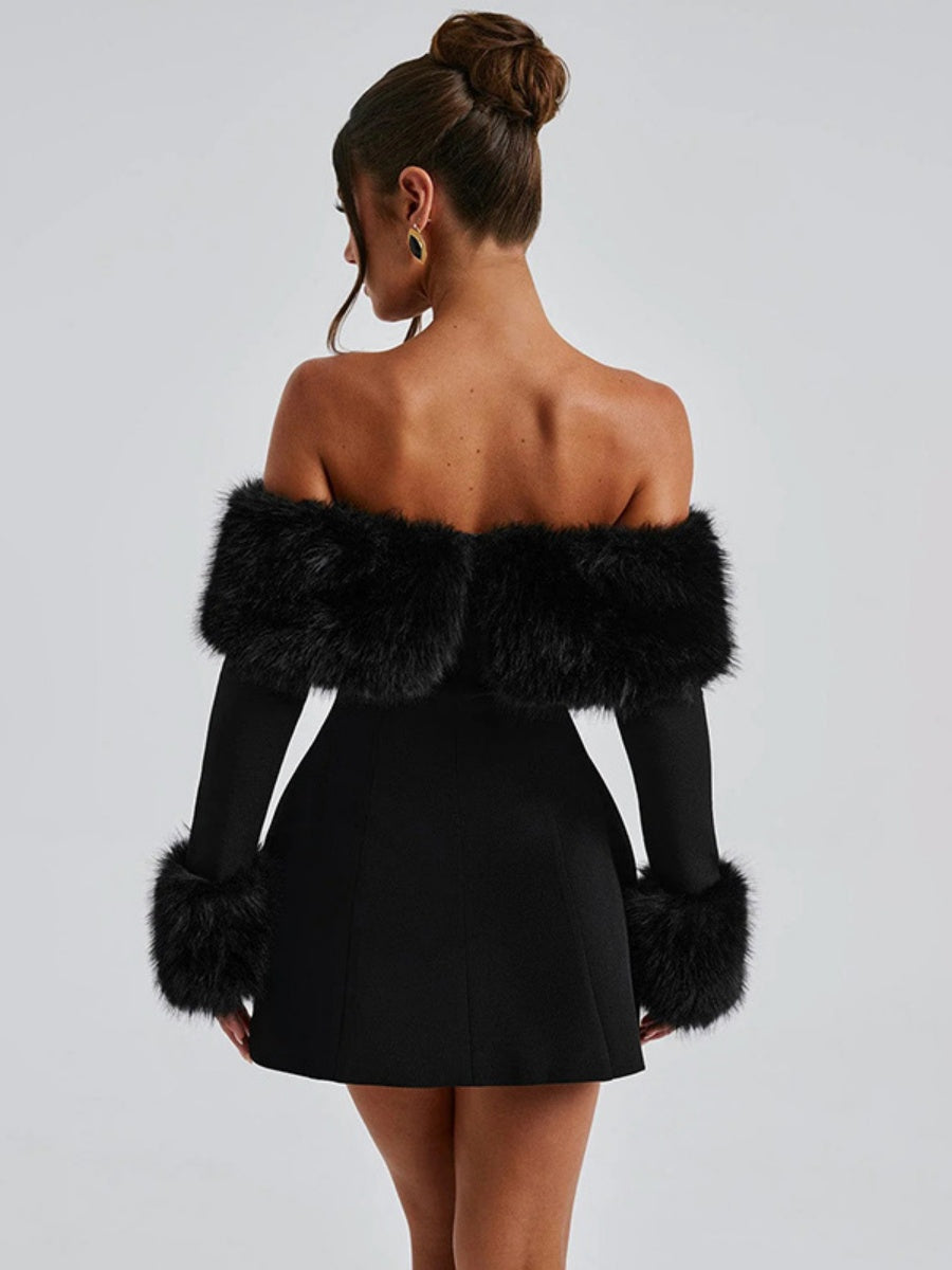 Off-Shoulder Bodycon Mini Dress with Faux Fur Trim
