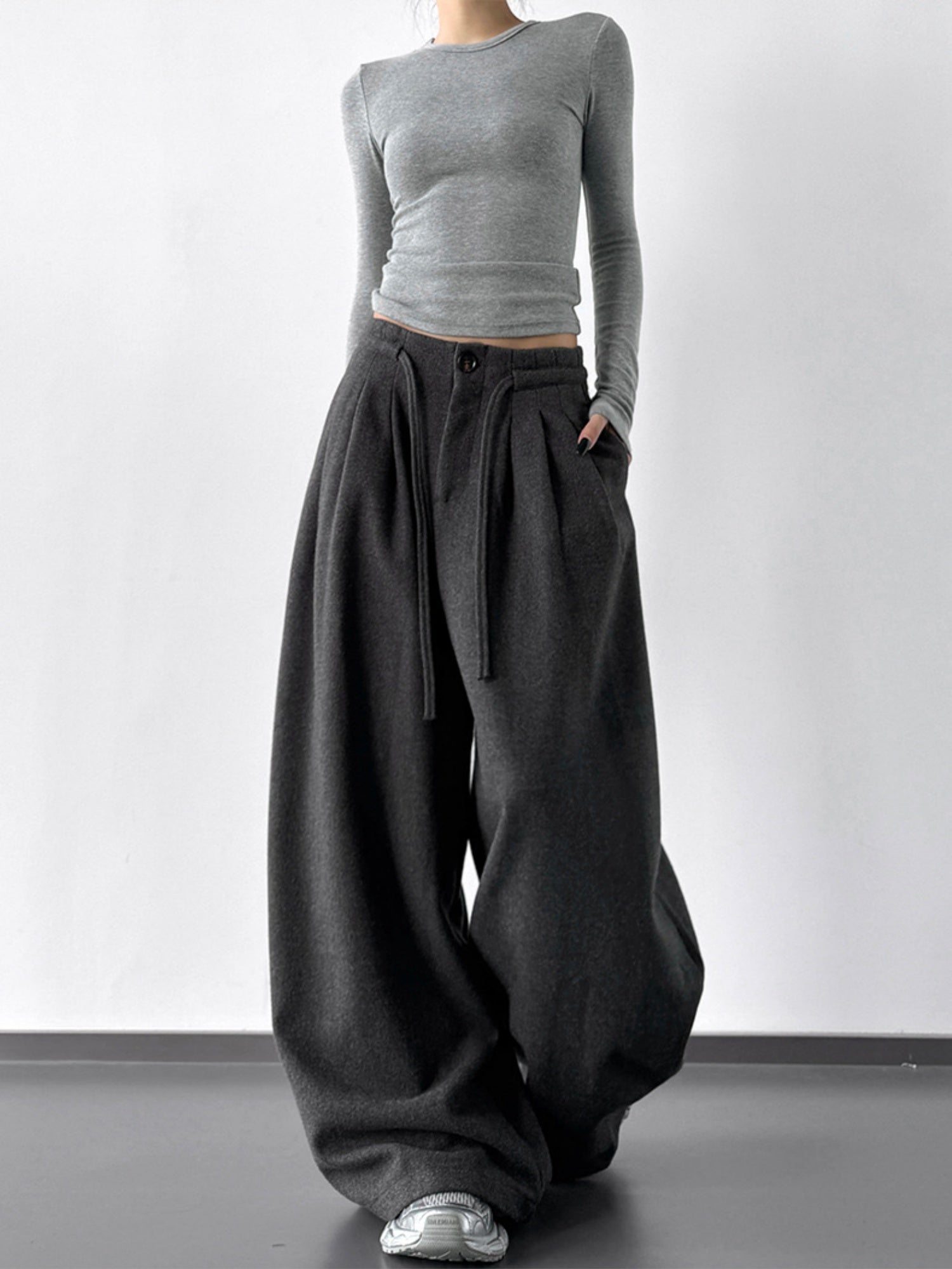 Thickened For Autumn And Winter Straps Buttons Casual Pants Wide-leg Pants