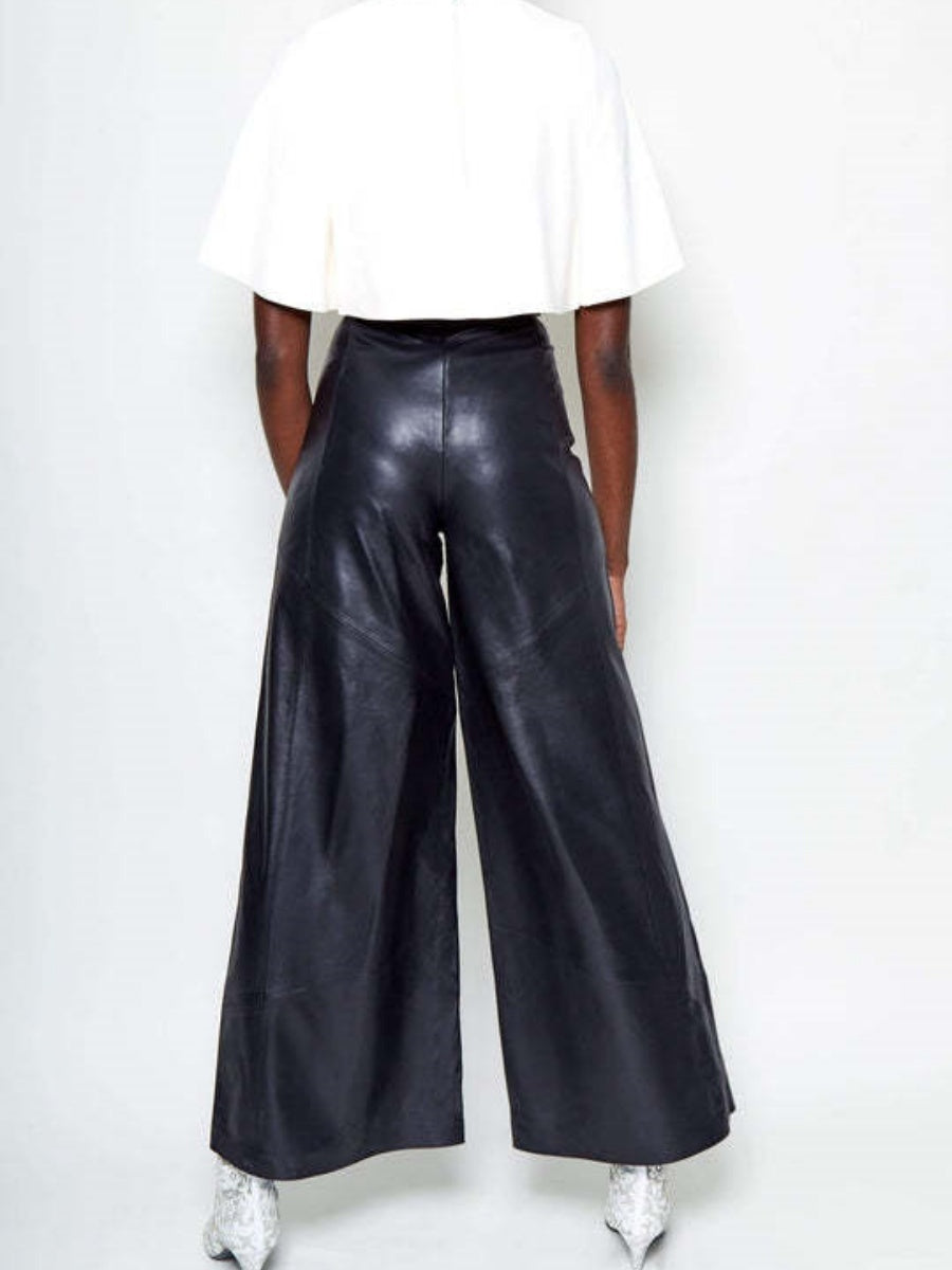 PU Straight-leg Leather Patchwork Trousers