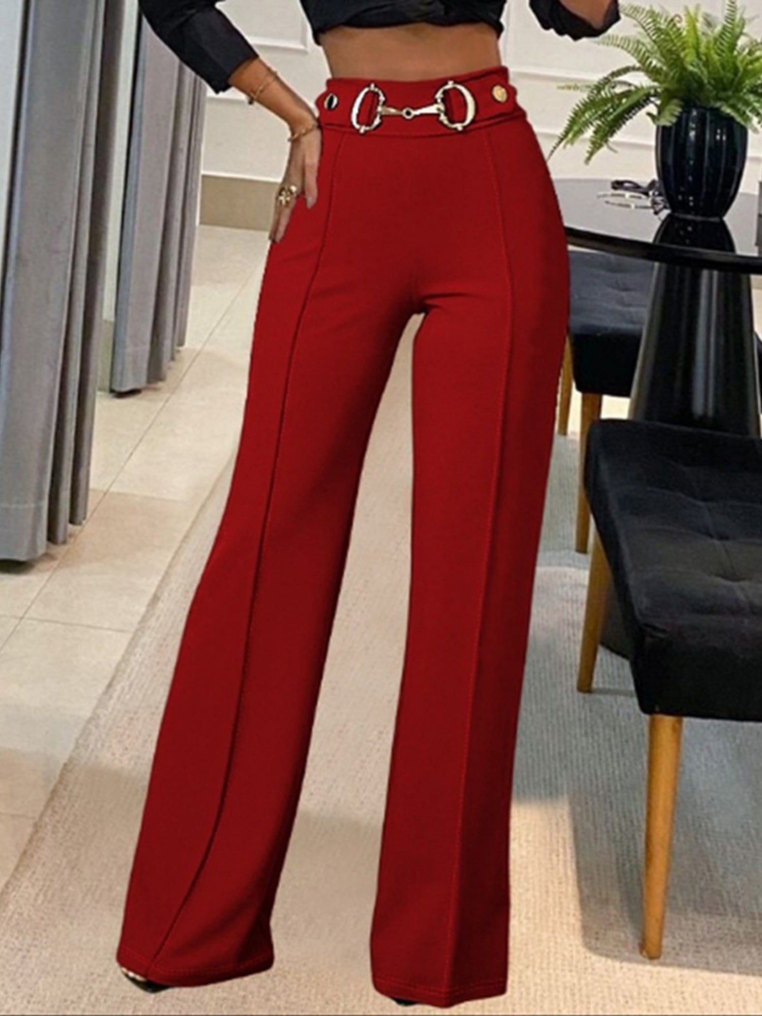Metal Decoration Pleated High-waisted Straight Tube Pants