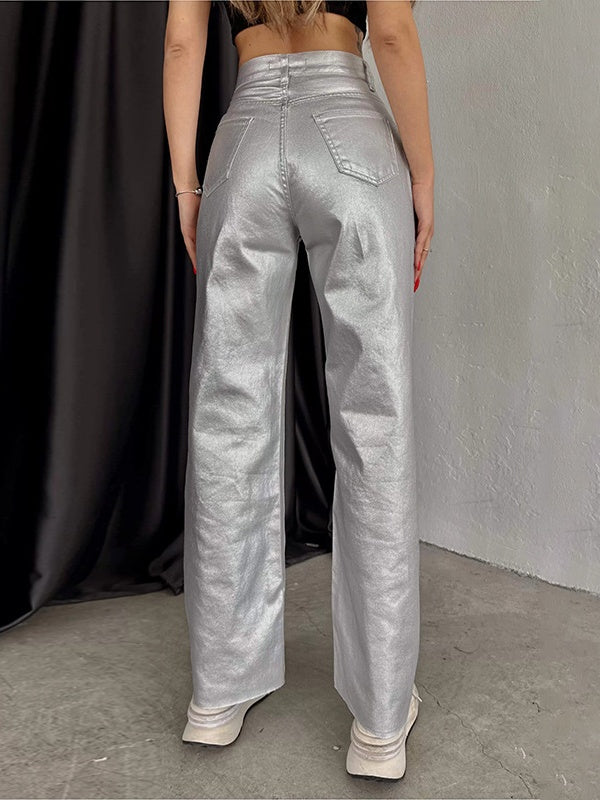 Pocketed, Loose-fitting, Wide-leg, Retro Straight-leg Style In Gold And Silver. Pants