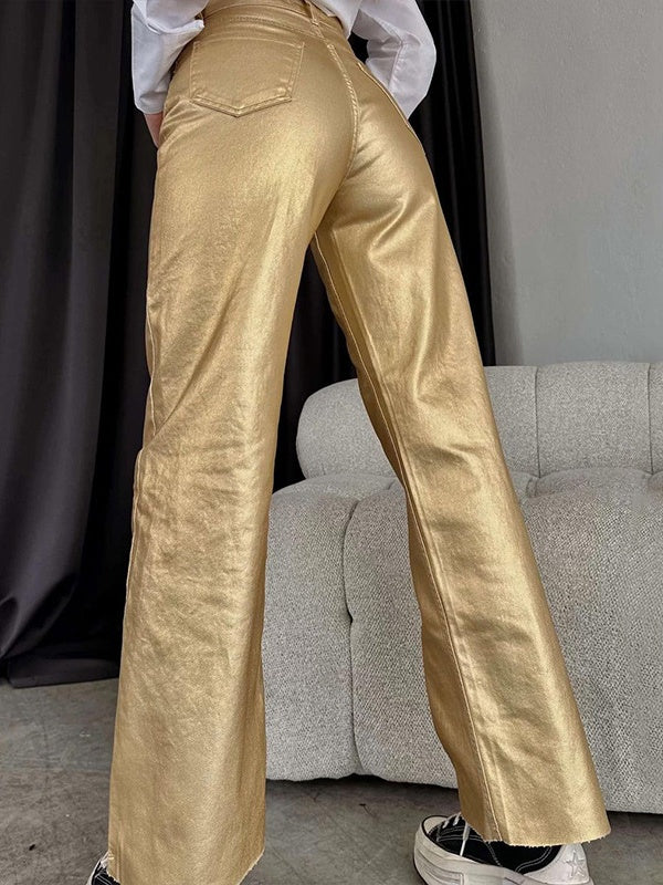 Pocketed, Loose-fitting, Wide-leg, Retro Straight-leg Style In Gold And Silver. Pants