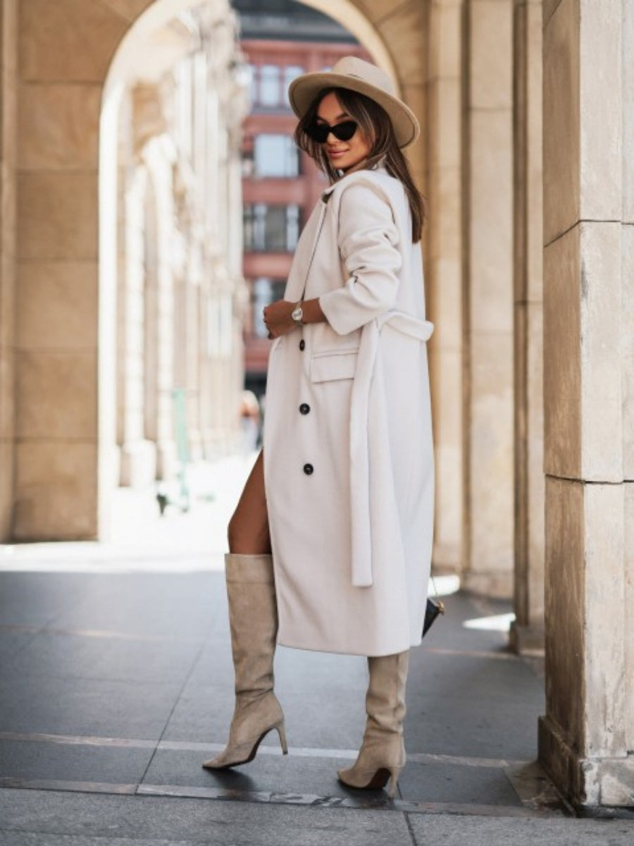 Simple Long-sleeved Suit Collar Tie Wool Solid Color Coats