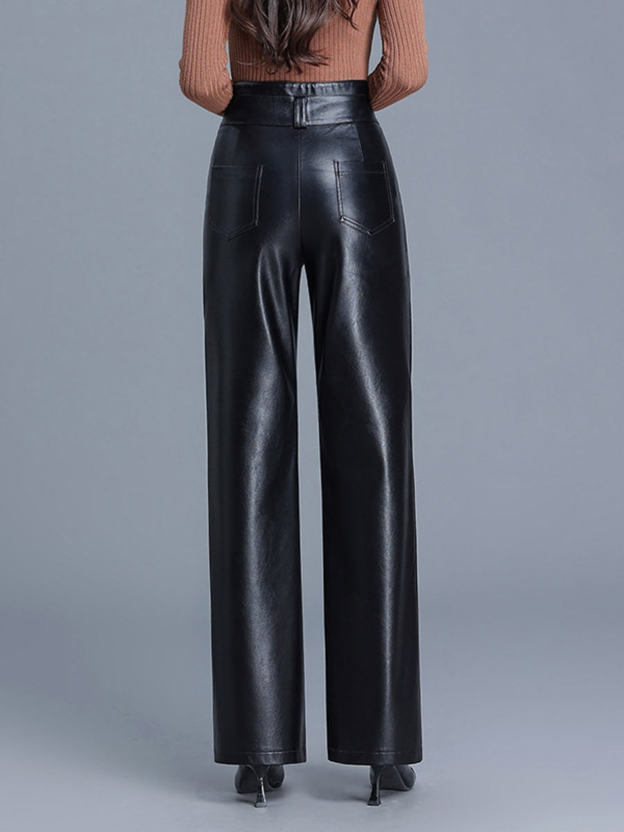 High Waist Slimming PU Leather Straight Pants