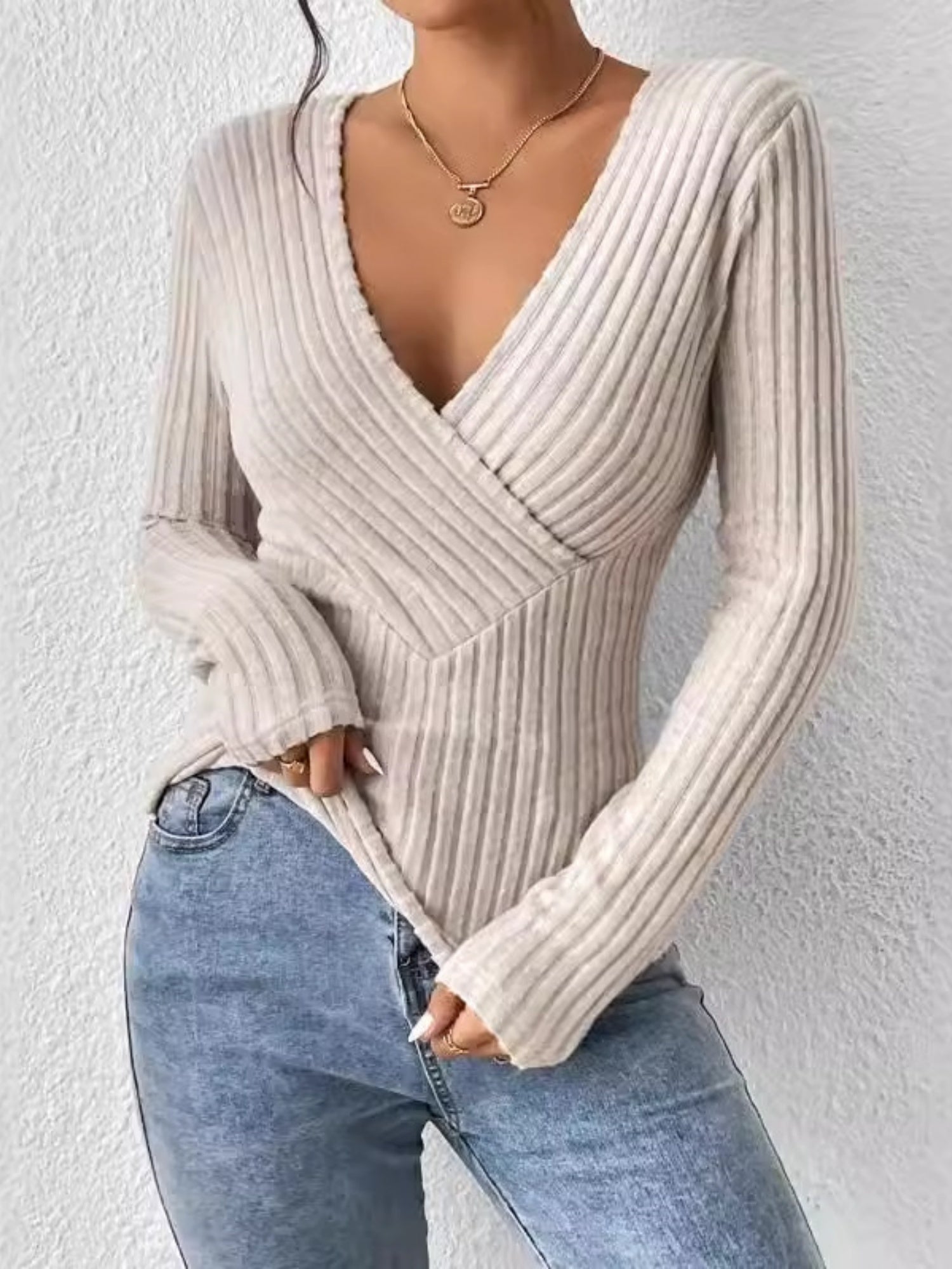 V-neck Crossover Long-sleeved Brushed Ribbed Knit T-shirt/sweater