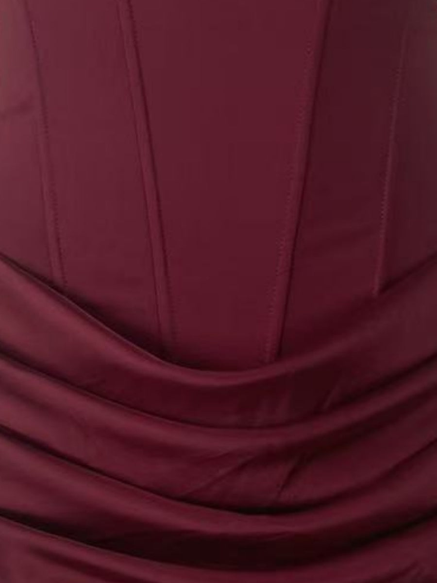 Square Collar High Waist Pleated Parties Cocktail Party Fishbone Decoration Satin Short Dress