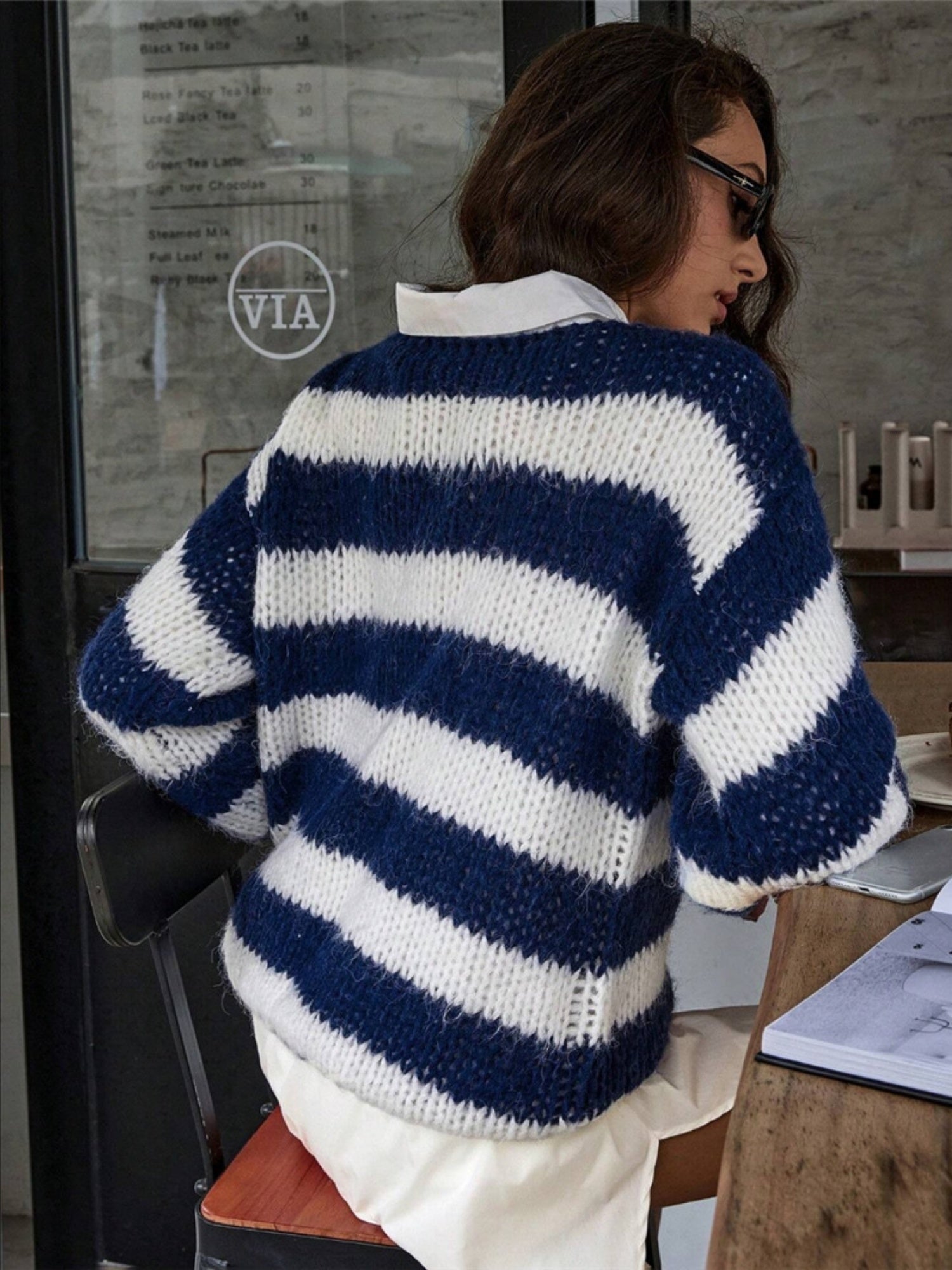 Blue And White Stripes Contrasting Colors Knitted Sweater